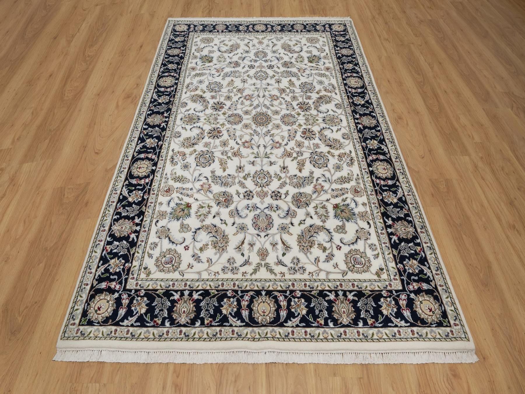 Nain Fine Oriental hand-knotted wool/silk rug in Ivory & Midnight Blue, 5'9" x 9'2" — SKU O091525 (view 2)