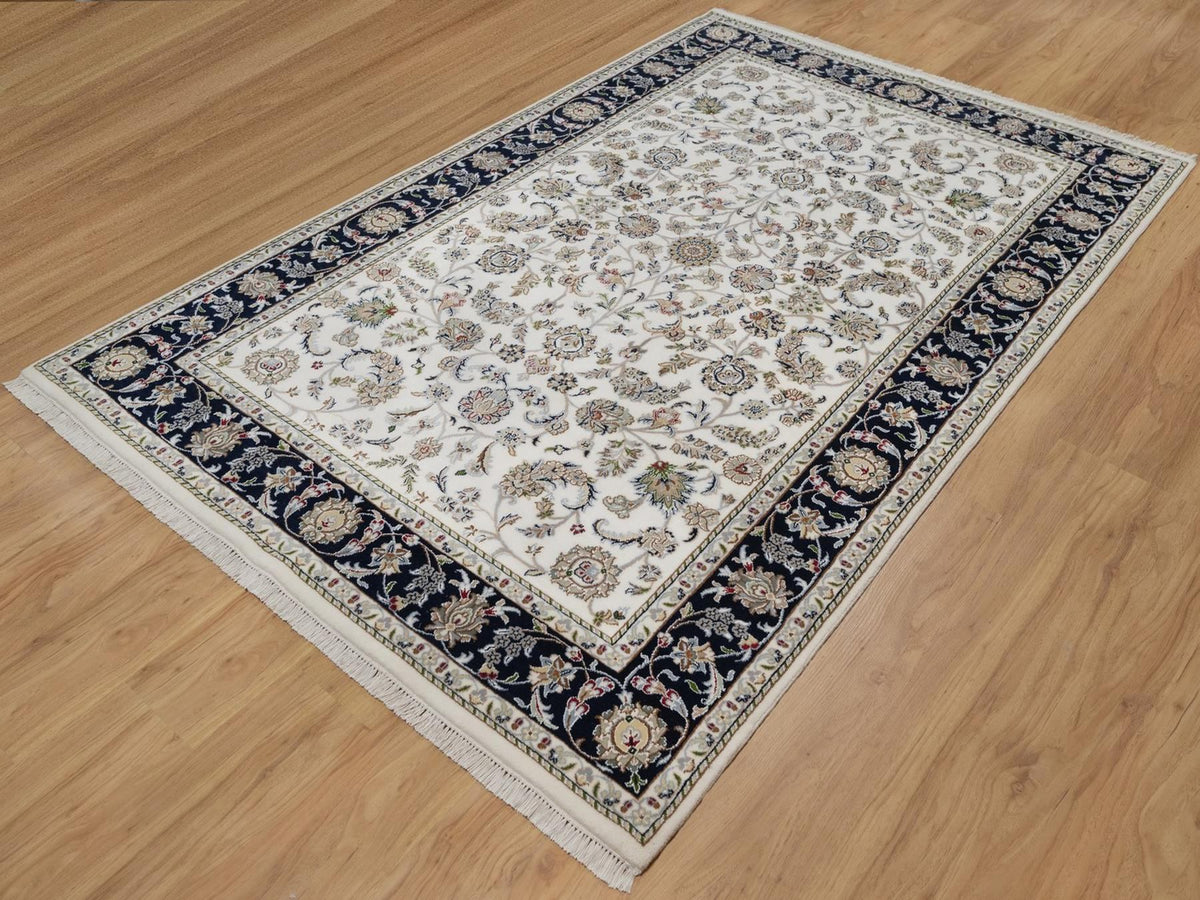 Nain Fine Oriental hand-knotted wool/silk rug in Ivory & Midnight Blue, 5'9" x 9'2" — SKU O091525 (view 3)