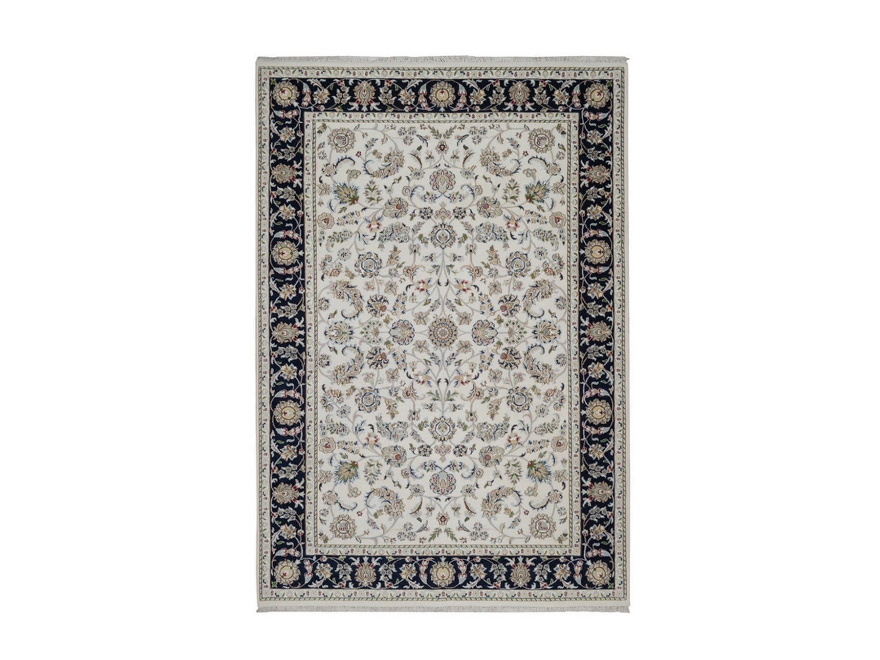 Nain Fine Oriental hand-knotted wool/silk rug in Ivory & Midnight Blue, 6'2" x 9' — SKU O091526
