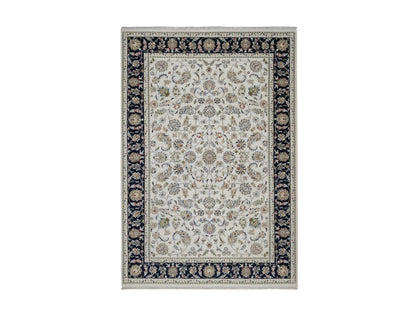 Nain Fine Oriental hand-knotted wool/silk rug in Ivory & Midnight Blue, 6'2" x 9' — SKU O091526