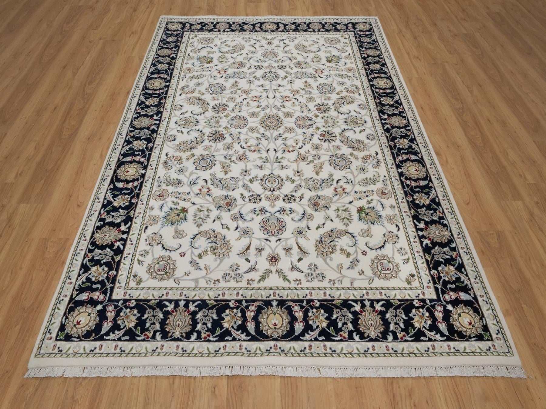 Nain Fine Oriental hand-knotted wool/silk rug in Ivory & Midnight Blue, 6'2" x 9' — SKU O091526 (view 2)