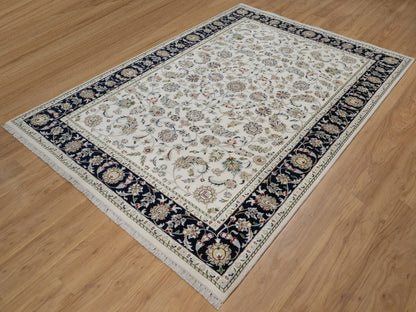 Nain Fine Oriental hand-knotted wool/silk rug in Ivory & Midnight Blue, 6'2" x 9' — SKU O091526 (view 3)