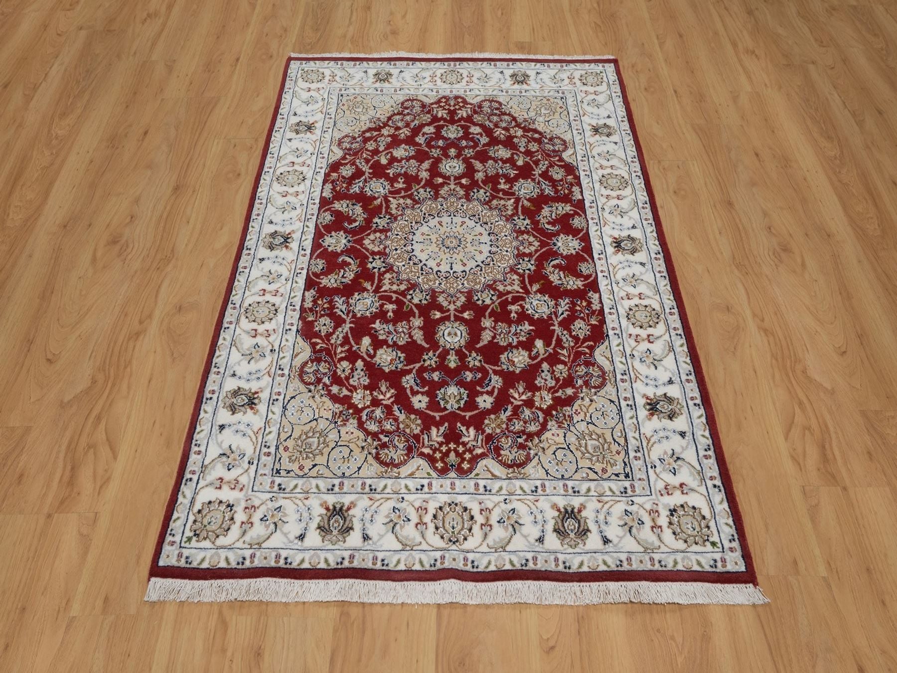 Nain Fine Oriental hand-knotted wool/silk rug in Red & Ivory, 3'11" x 6'1" — SKU O091530 (view 2)