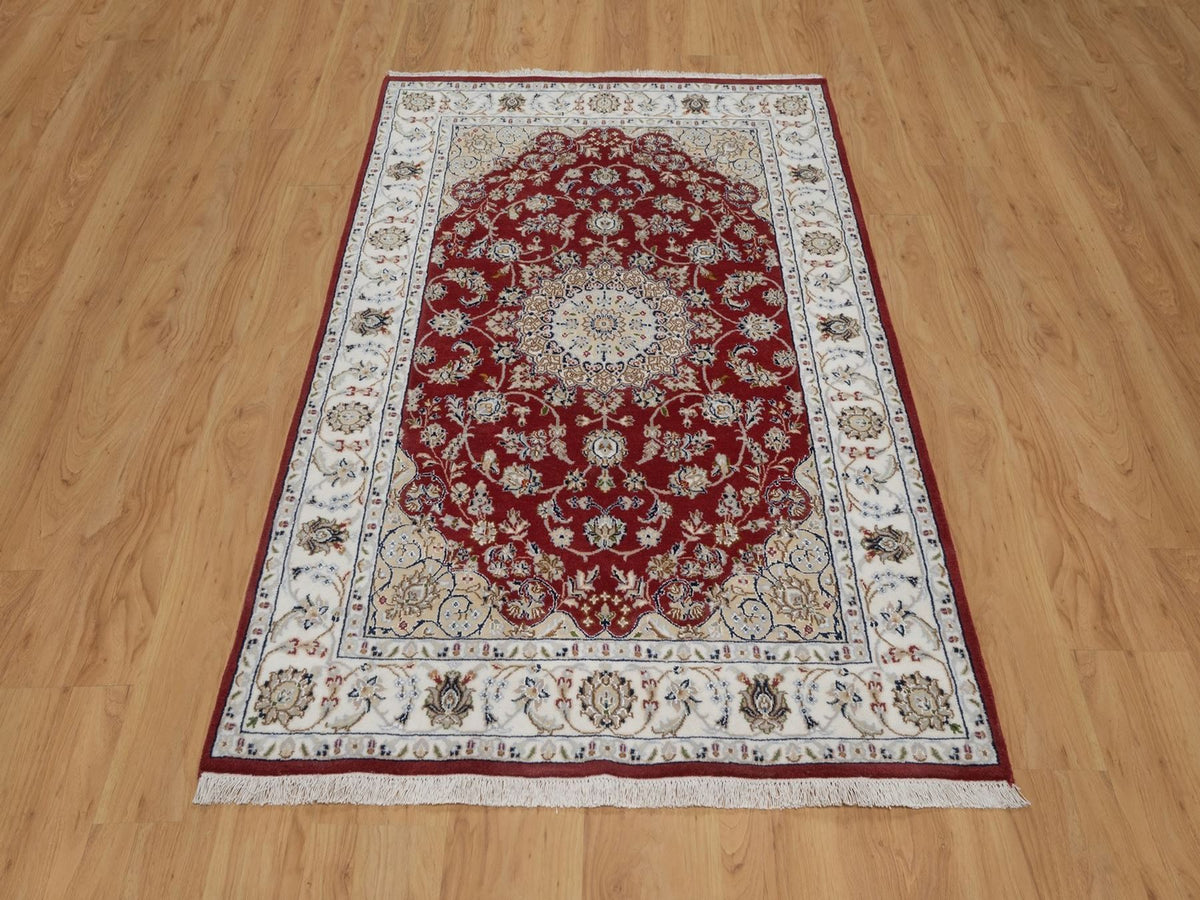Nain Fine Oriental hand-knotted wool/silk rug in Red & Ivory, 3'11" x 6'1" — SKU O091530 (view 2)