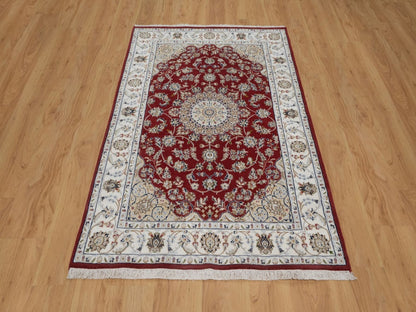 Nain Fine Oriental hand-knotted wool/silk rug in Red & Ivory, 3'11" x 6'1" — SKU O091530 (view 2)