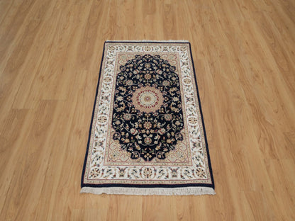 Blue 2'8" x 4'2" Fine Oriental Hand knotted Wool/Silk Rug - Sku: O091533