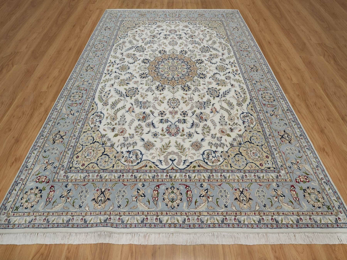 Nain Fine Oriental hand-knotted wool/silk rug in Ivory & Light Blue, 8'7" x 11'11" — SKU O091547 (view 2)