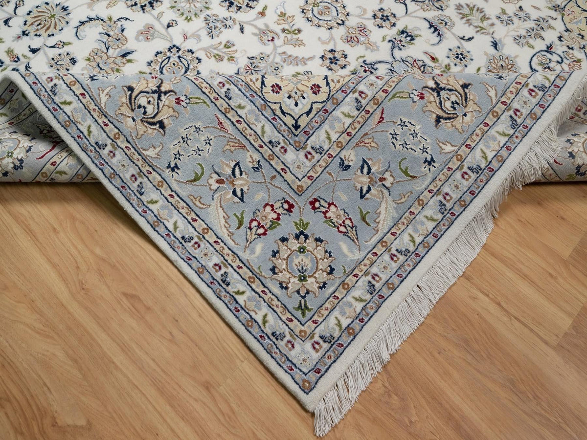 Nain Fine Oriental hand-knotted wool/silk rug in Ivory & Light Blue, 8'7" x 11'11" — SKU O091547 (view 6)