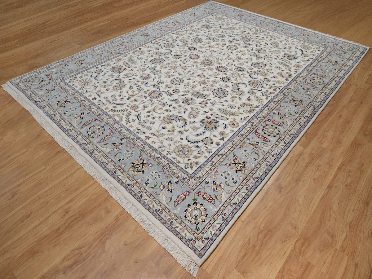 Nain Fine Oriental hand-knotted wool/silk rug in Ivory & Light Blue, 9'1" x 12' — SKU O091549 (view 3)
