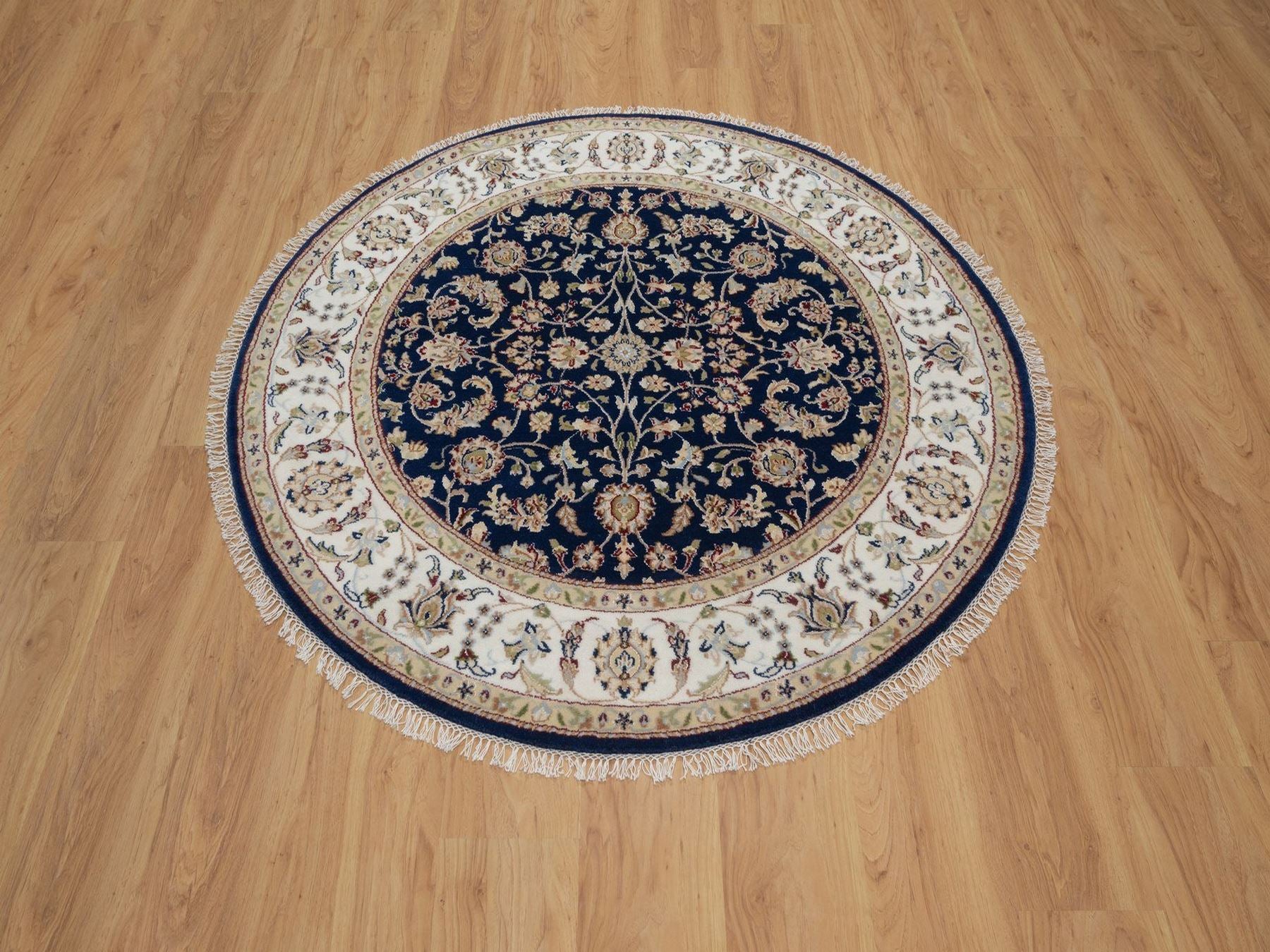 Blue 5'0" x 5'0" Fine Oriental Hand knotted Wool/Silk Rug - Sku: O091557