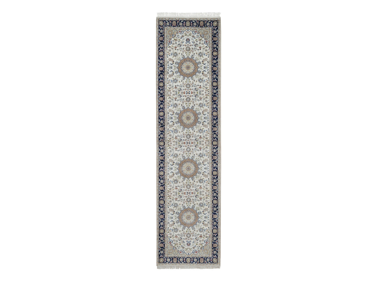 Nain Fine Oriental hand-knotted wool/silk runner in Ivory & Midnight Blue, 2'8" x 10'3" — SKU O091559