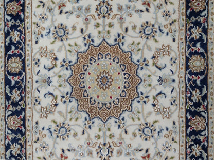 Nain Fine Oriental hand-knotted wool/silk runner in Ivory & Midnight Blue, 2'8" x 10'3" — SKU O091559 (view 5)