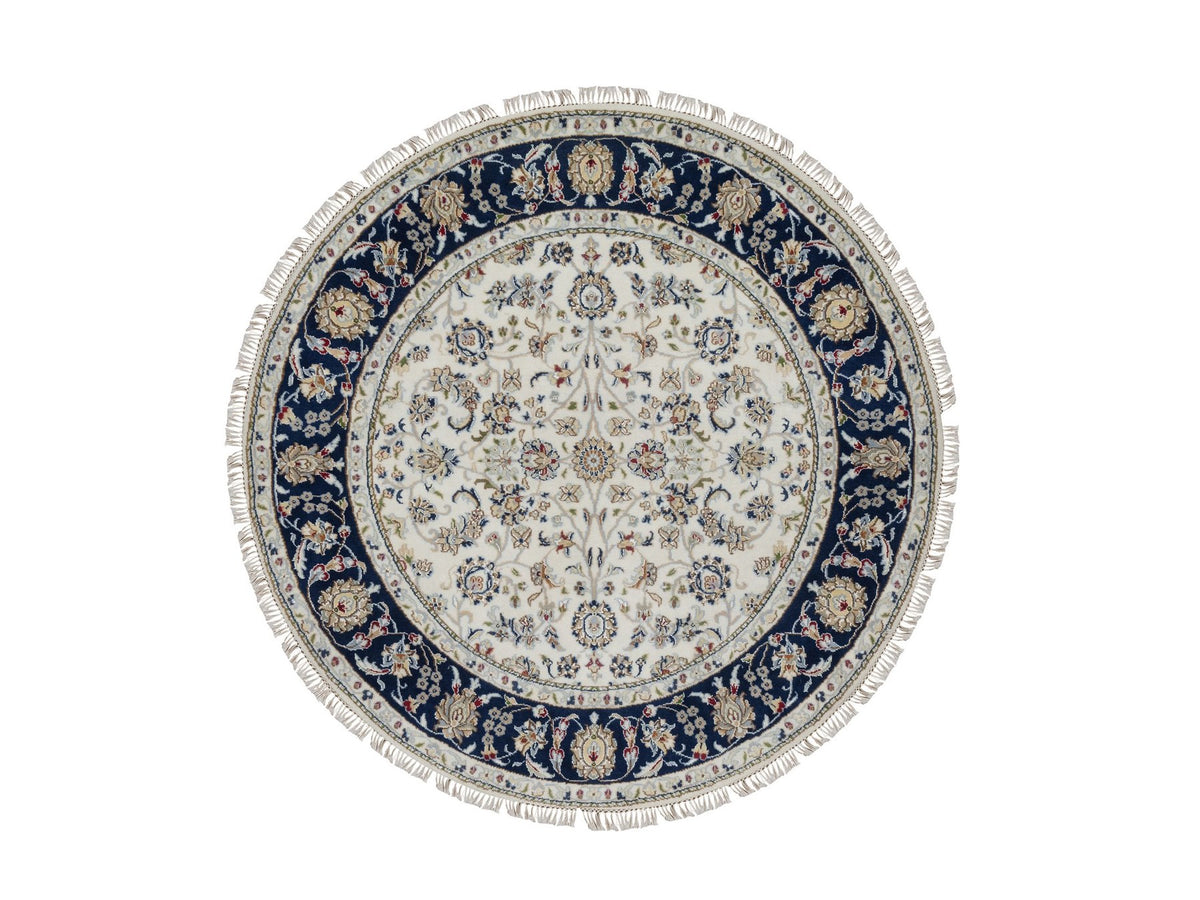 Nain Fine Oriental hand-knotted wool/silk rug in Ivory & Midnight Blue, 5' x 5' — SKU O091560