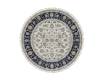 Nain Fine Oriental hand-knotted wool/silk rug in Ivory & Midnight Blue, 5' x 5' — SKU O091560