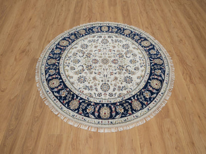 Nain Fine Oriental hand-knotted wool/silk rug in Ivory & Midnight Blue, 5' x 5' — SKU O091560 (view 2)