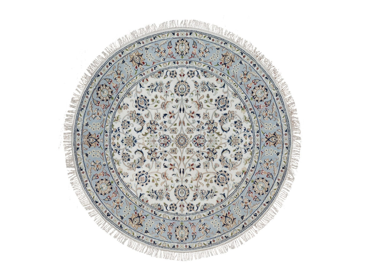 Nain Fine Oriental hand-knotted wool/silk rug in Ivory & Light Blue, 5'1" x 5'1" — SKU O091563