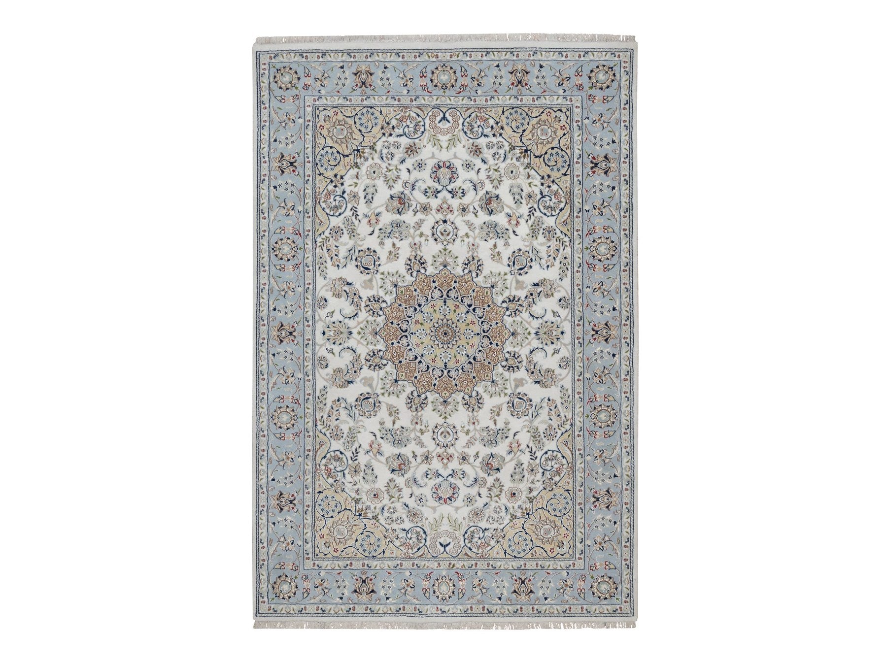 Nain Fine Oriental hand-knotted wool/silk rug in Ivory & Light Blue, 6' x 9' — SKU O091586