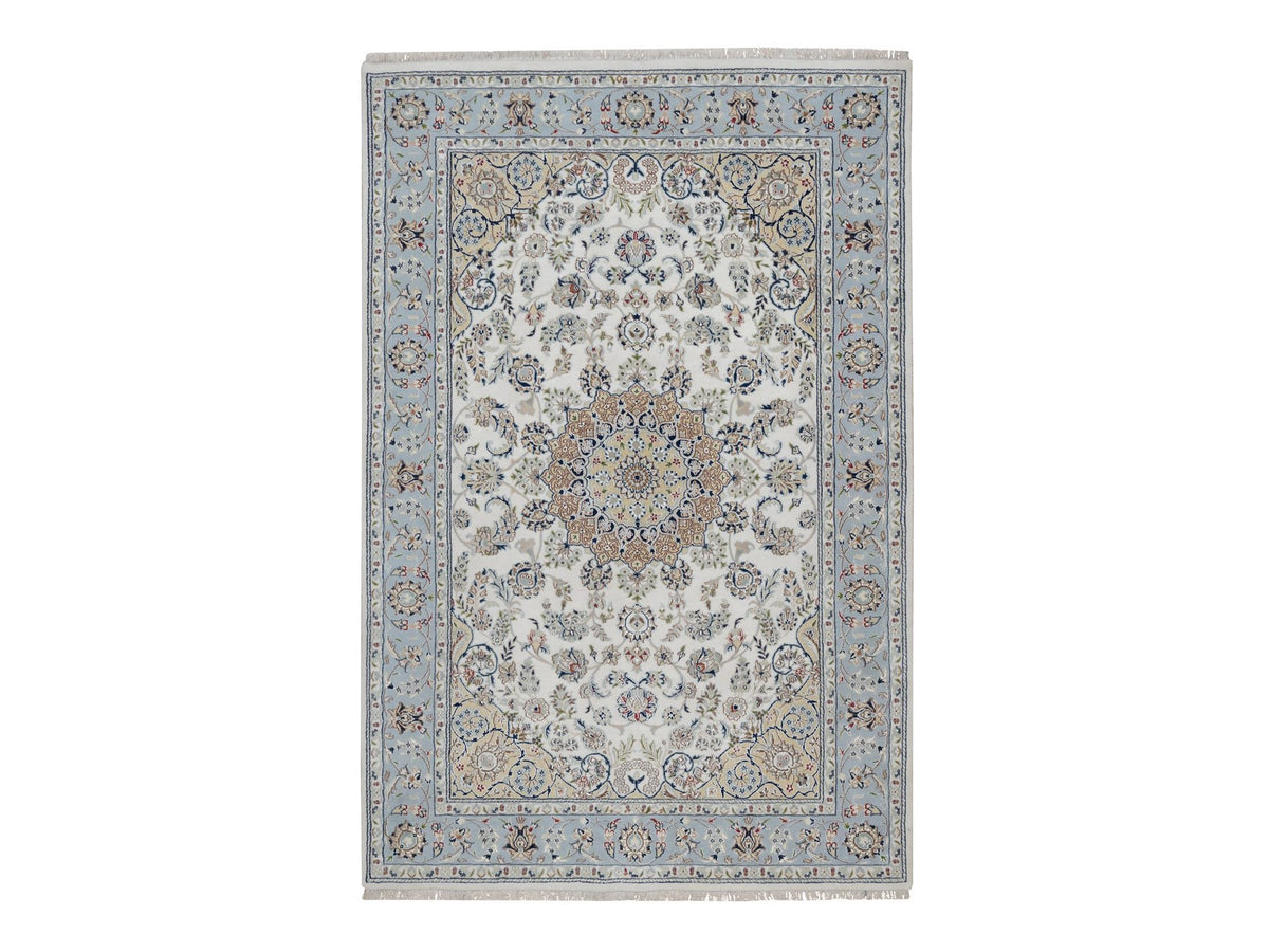 Nain Fine Oriental hand-knotted wool/silk rug in Ivory & Light Blue, 6' x 9' — SKU O091586