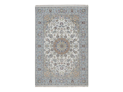 Nain Fine Oriental hand-knotted wool/silk rug in Ivory & Light Blue, 6' x 9' — SKU O091586