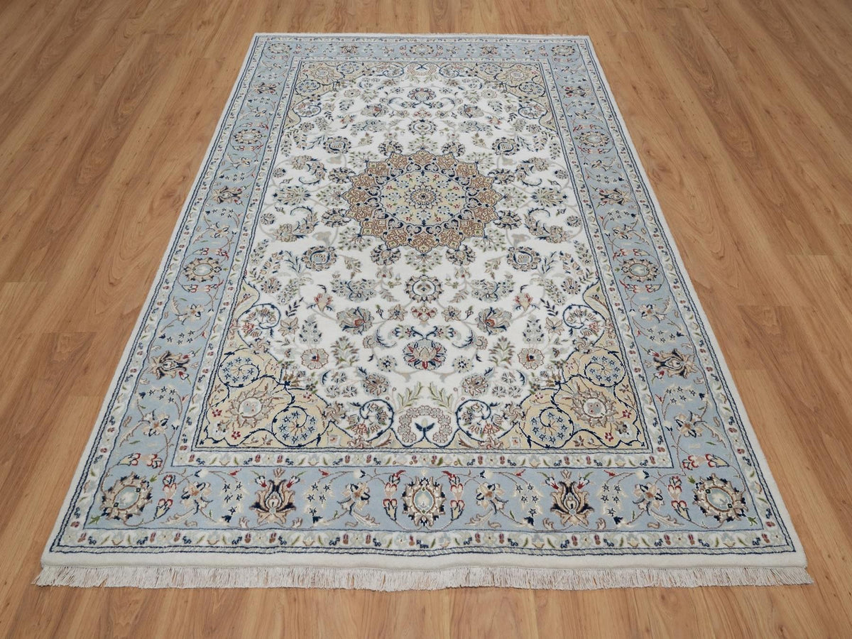 Nain Fine Oriental hand-knotted wool/silk rug in Ivory & Light Blue, 6' x 9' — SKU O091586 (view 2)