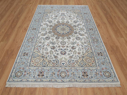 Nain Fine Oriental hand-knotted wool/silk rug in Ivory & Light Blue, 6' x 9' — SKU O091586 (view 2)