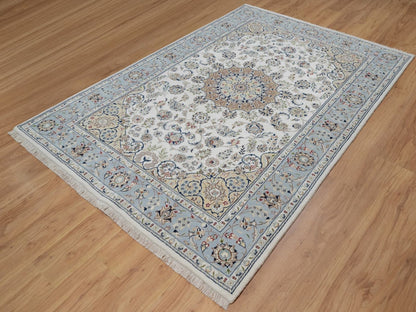 Nain Fine Oriental hand-knotted wool/silk rug in Ivory & Light Blue, 6' x 9' — SKU O091586 (view 3)