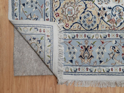 Nain Fine Oriental hand-knotted wool/silk rug in Ivory & Light Blue, 6' x 9' — SKU O091586 (view 4)