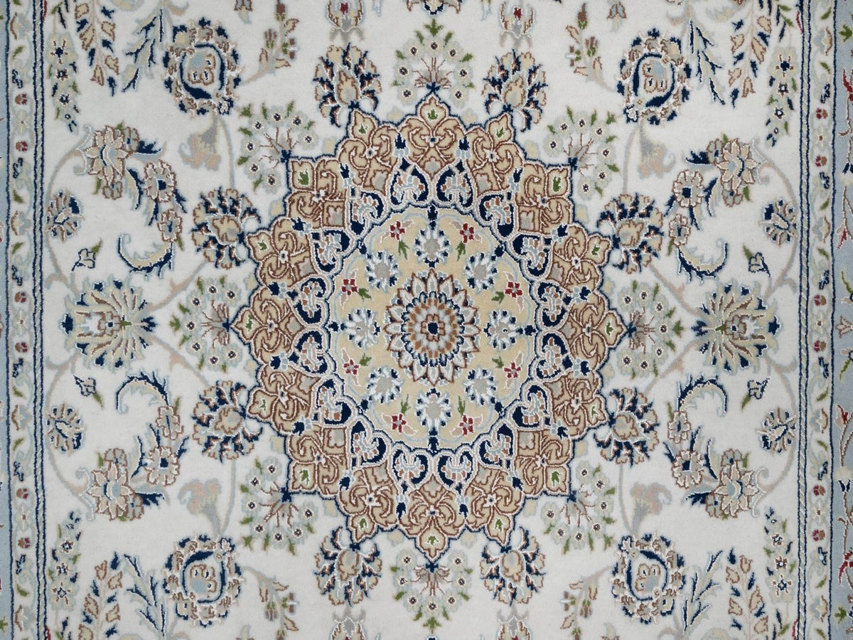 Nain Fine Oriental hand-knotted wool/silk rug in Ivory & Light Blue, 6' x 9' — SKU O091586 (view 8)