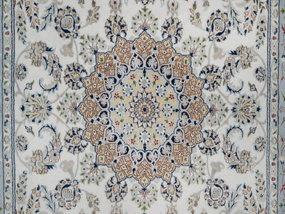 Nain Fine Oriental hand-knotted wool/silk rug in Ivory & Light Blue, 6' x 9' — SKU O091586 (view 8)