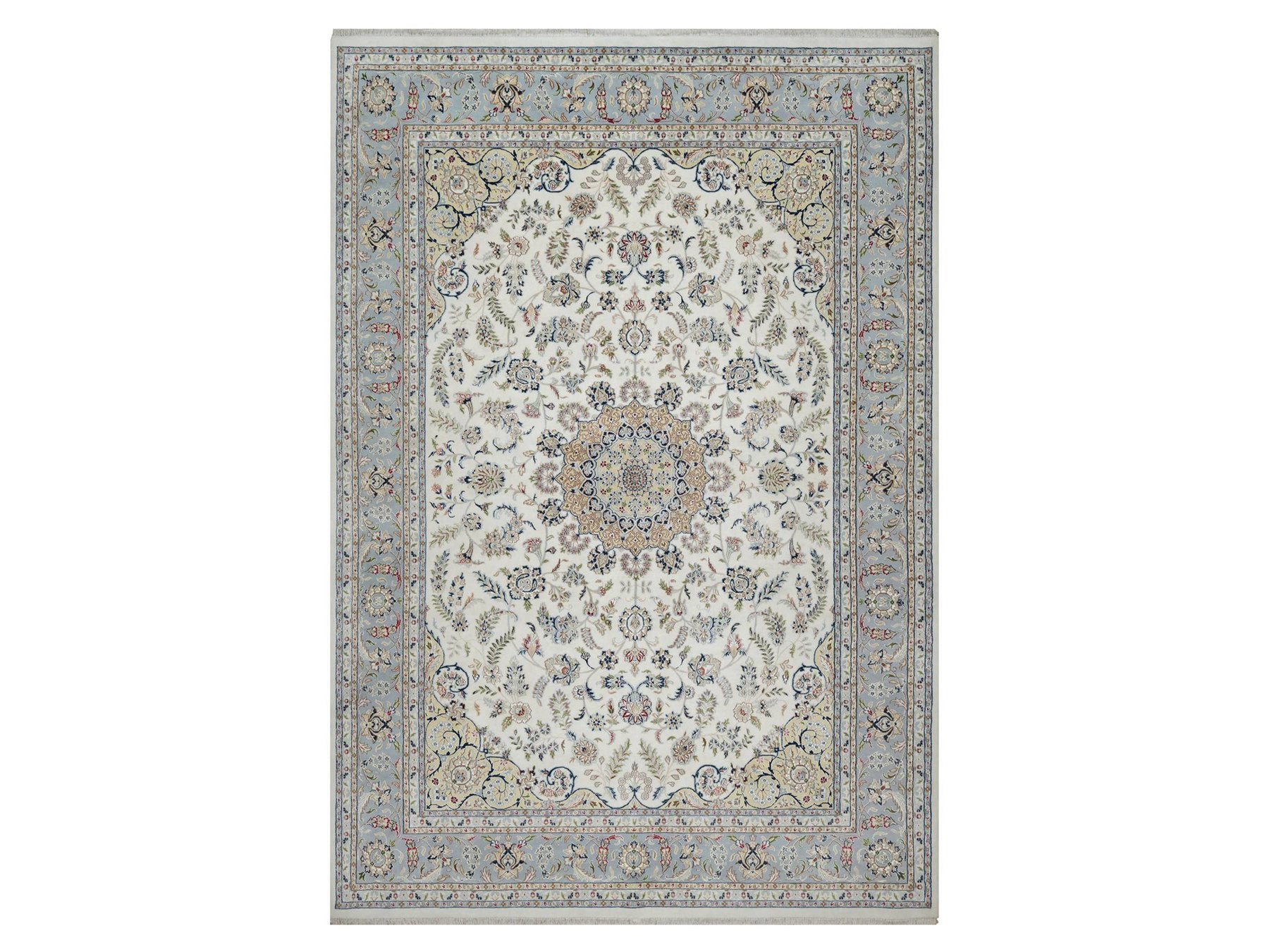 Nain Fine Oriental hand-knotted wool/silk rug in Ivory & Light Blue, 9'9" x 14'1" — SKU O091603