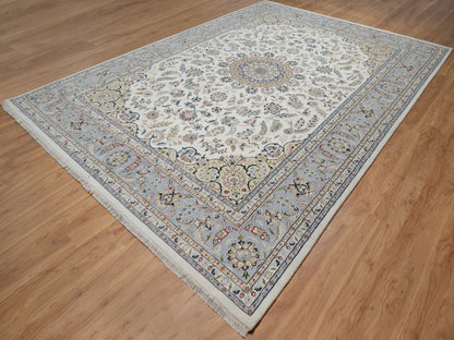 Nain Fine Oriental hand-knotted wool/silk rug in Ivory & Light Blue, 9'9" x 14'1" — SKU O091603 (view 3)