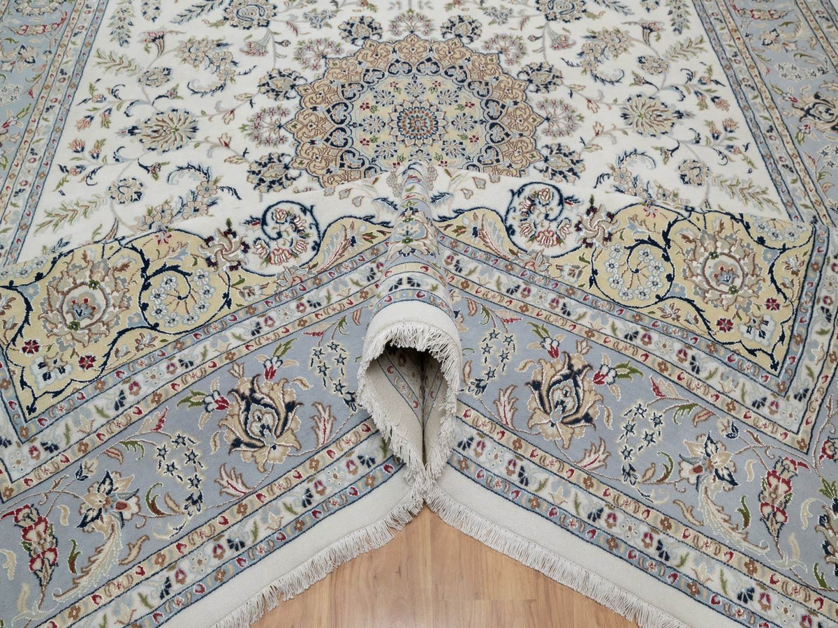 Nain Fine Oriental hand-knotted wool/silk rug in Ivory & Light Blue, 9'9" x 14'1" — SKU O091603 (view 5)
