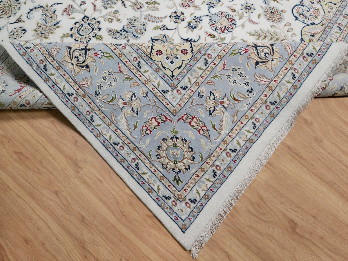 Nain Fine Oriental hand-knotted wool/silk rug in Ivory & Light Blue, 9'9" x 14'1" — SKU O091603 (view 6)
