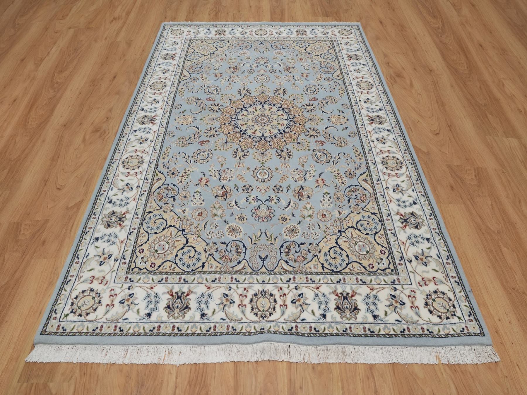 Blue 5'11" x 9'2" Fine Oriental Hand knotted Wool/Silk Rug - Sku: O091611