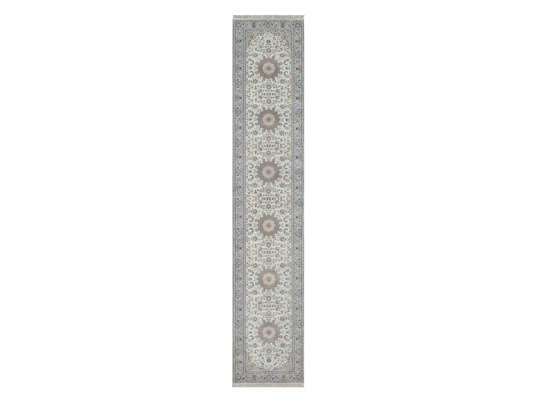 Nain Fine Oriental hand-knotted wool/silk runner in Ivory & Light Blue, 2'10" x 14'6" — SKU O091614