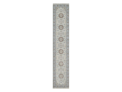Nain Fine Oriental hand-knotted wool/silk runner in Ivory & Light Blue, 2'10" x 14'6" — SKU O091614