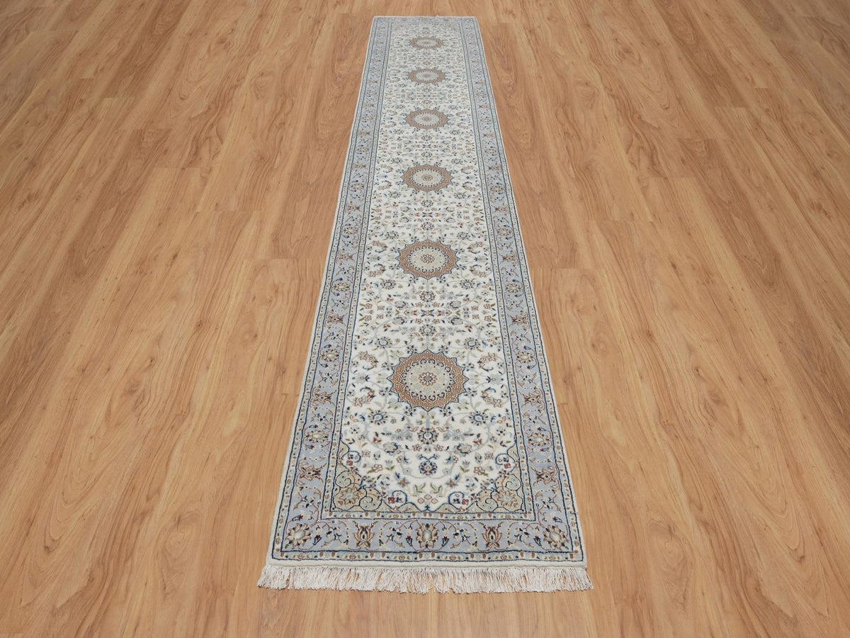Nain Fine Oriental hand-knotted wool/silk runner in Ivory & Light Blue, 2'10" x 14'6" — SKU O091614 (view 2)