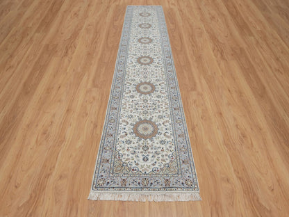Nain Fine Oriental hand-knotted wool/silk runner in Ivory & Light Blue, 2'10" x 14'6" — SKU O091614 (view 2)