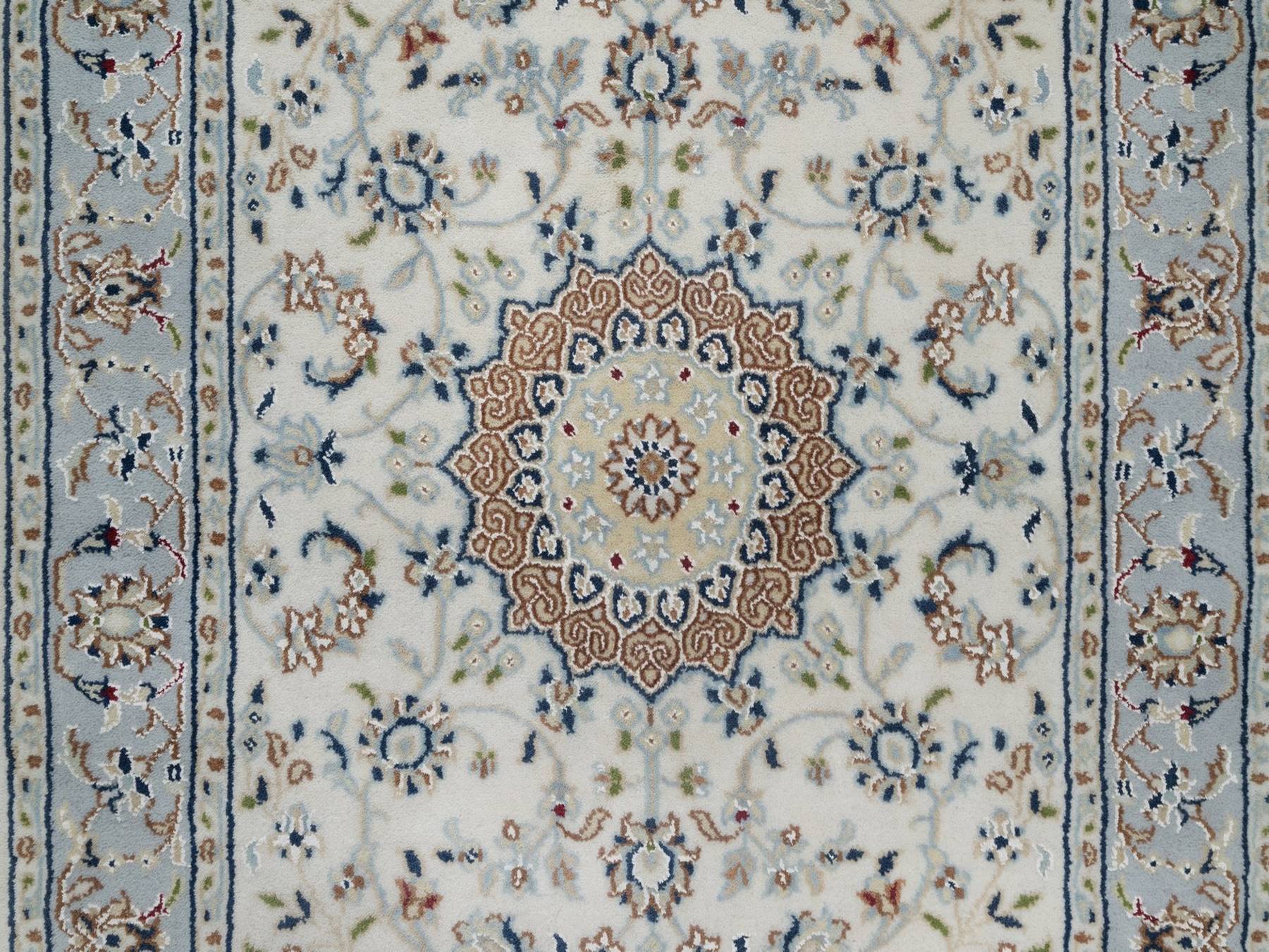 Nain Fine Oriental hand-knotted wool/silk runner in Ivory & Light Blue, 2'10" x 14'6" — SKU O091614 (view 5)