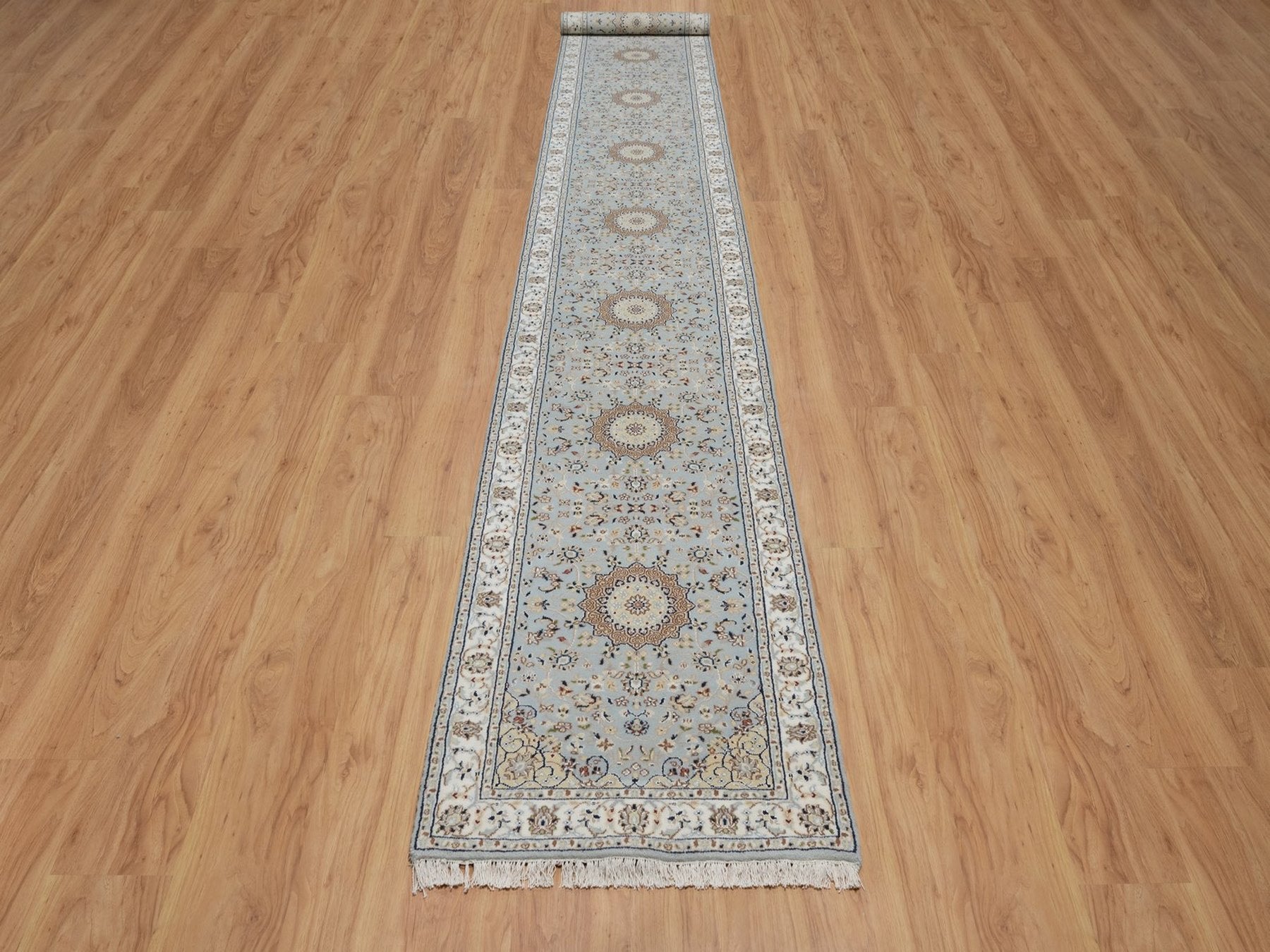 Blue 2'7" x 18'5" Fine Oriental Hand knotted Wool/Silk Rug - Sku: O091615