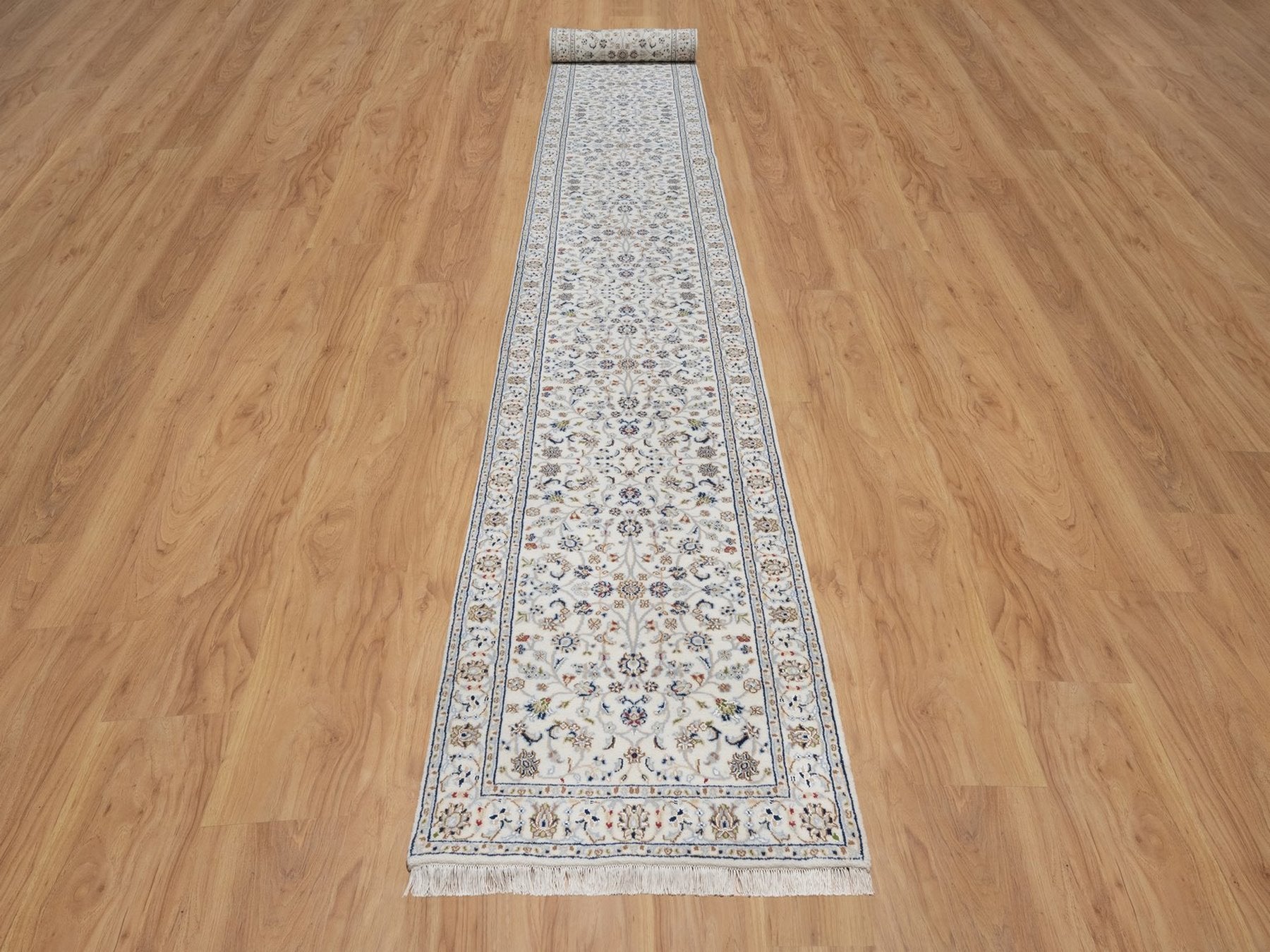 Nain Fine Oriental hand-knotted wool/silk runner in Ivory, 2'9" x 21'8" — SKU O091619 (view 2)