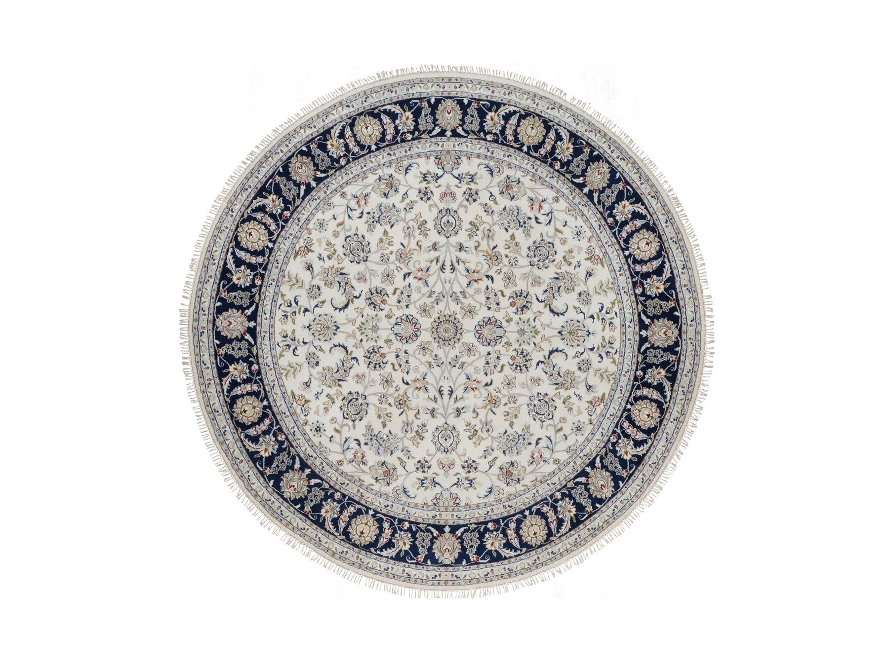 Nain Fine Oriental hand-knotted wool/silk rug in Ivory & Midnight Blue, 7'9" x 7'9" — SKU O091622