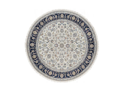 Nain Fine Oriental hand-knotted wool/silk rug in Ivory & Midnight Blue, 7'9" x 7'9" — SKU O091622