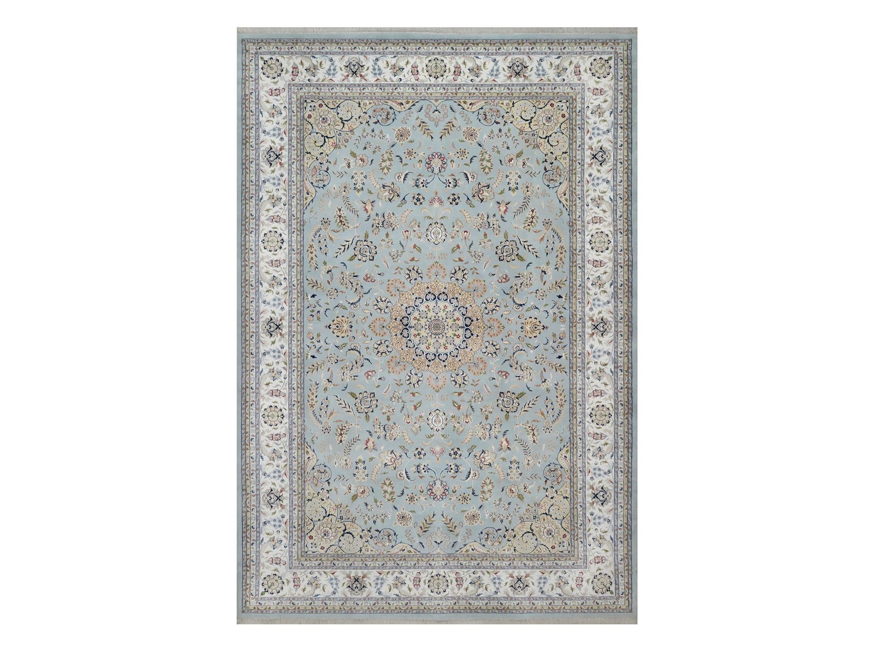 Nain Fine Oriental hand-knotted wool/silk rug in Blue & Ivory, 12' x 18'4" — SKU O091627