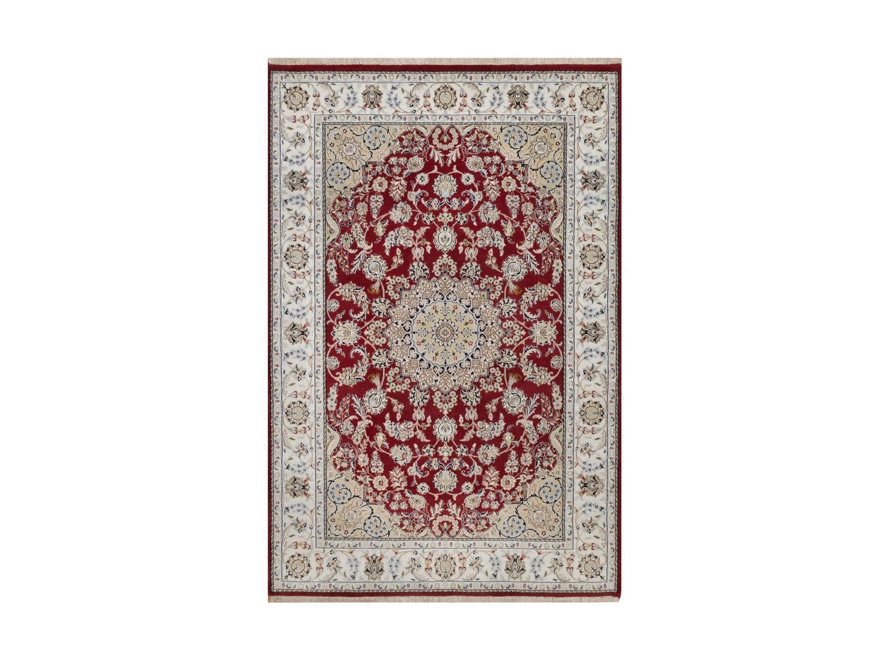 Nain Fine Oriental hand-knotted wool/silk rug in Red & Ivory, 6' x 9' — SKU O091641