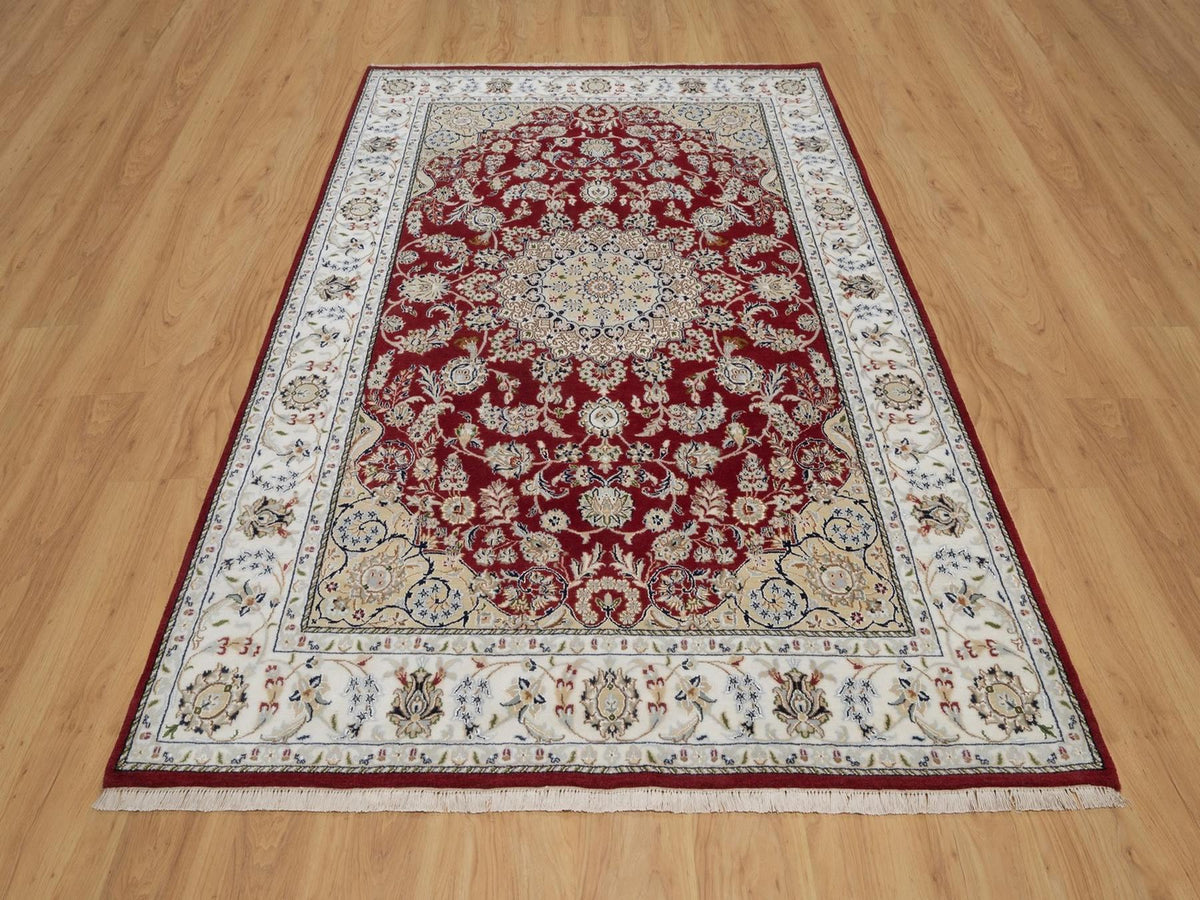 Nain Fine Oriental hand-knotted wool/silk rug in Red & Ivory, 6' x 9' — SKU O091641 (view 2)