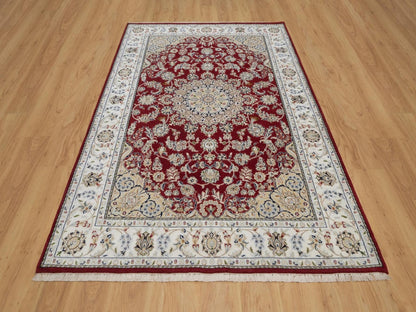 Nain Fine Oriental hand-knotted wool/silk rug in Red & Ivory, 6' x 9' — SKU O091641 (view 2)