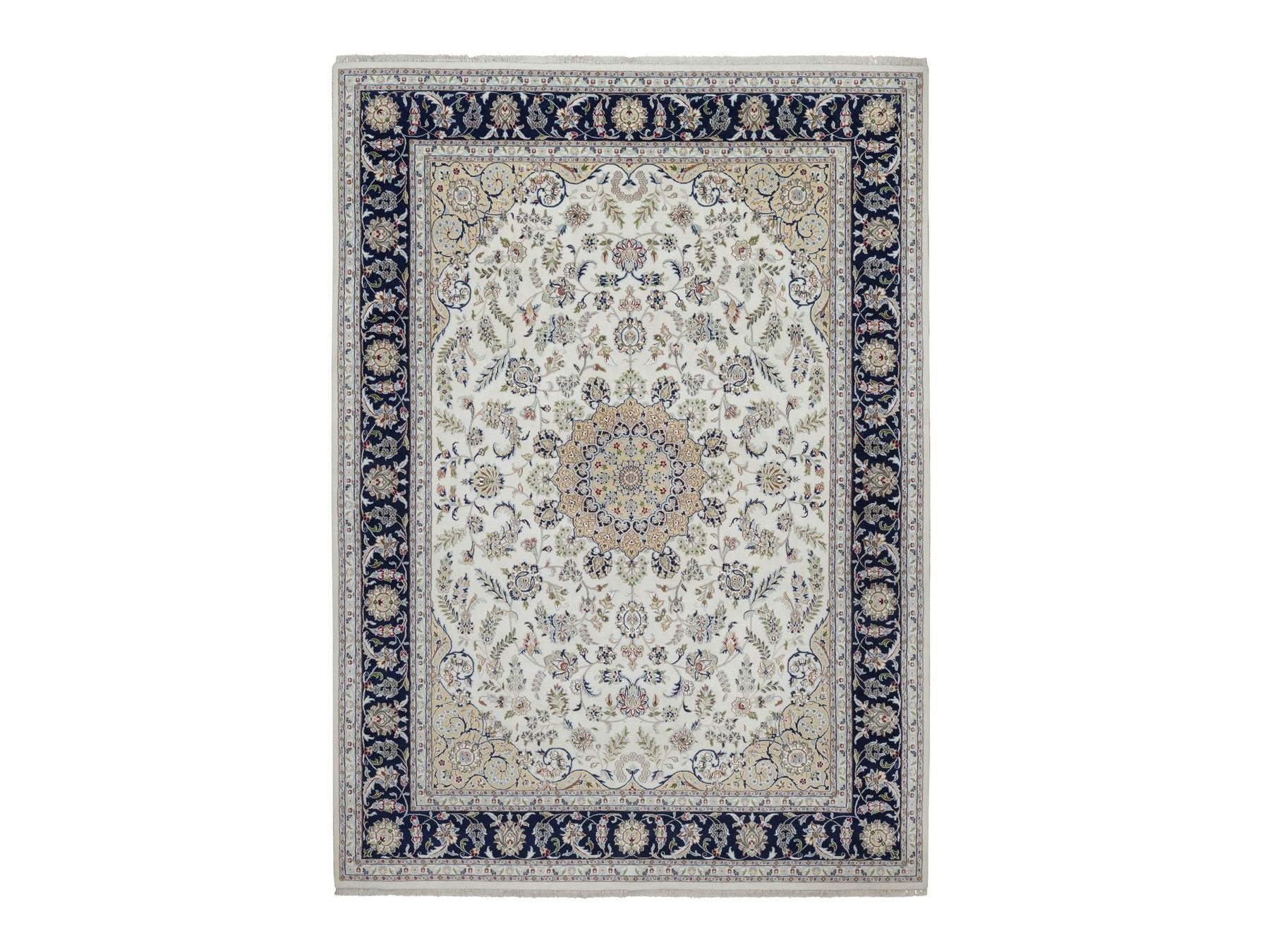 Nain Fine Oriental hand-knotted wool/silk rug in Ivory & Midnight Blue, 8'11" x 12'3" — SKU O091643
