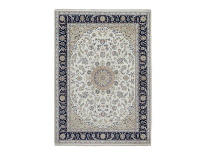 Nain Fine Oriental hand-knotted wool/silk rug in Ivory & Midnight Blue, 8'11" x 12'3" — SKU O091643