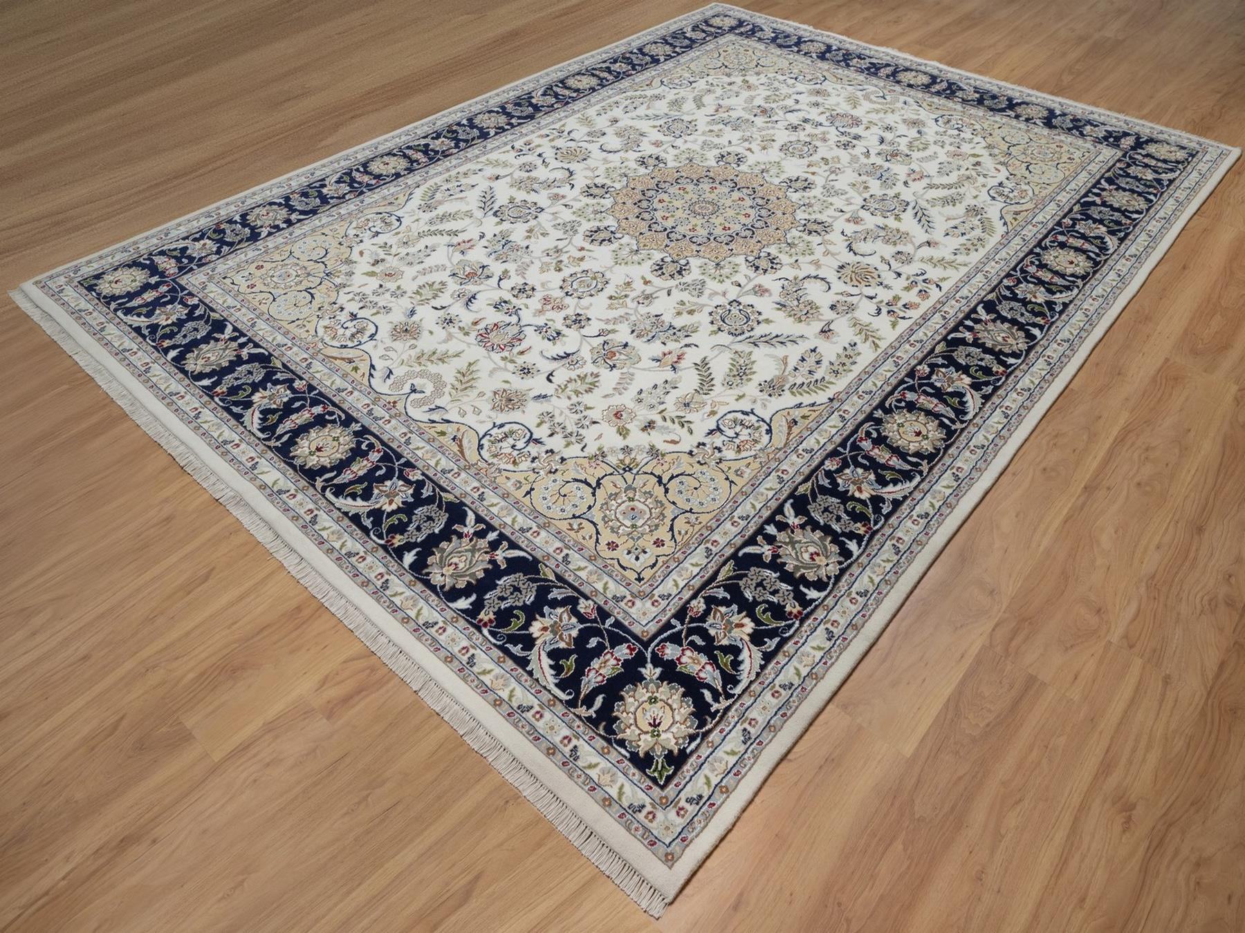 Nain Fine Oriental hand-knotted wool/silk rug in Ivory & Midnight Blue, 8'11" x 12'3" — SKU O091643 (view 3)